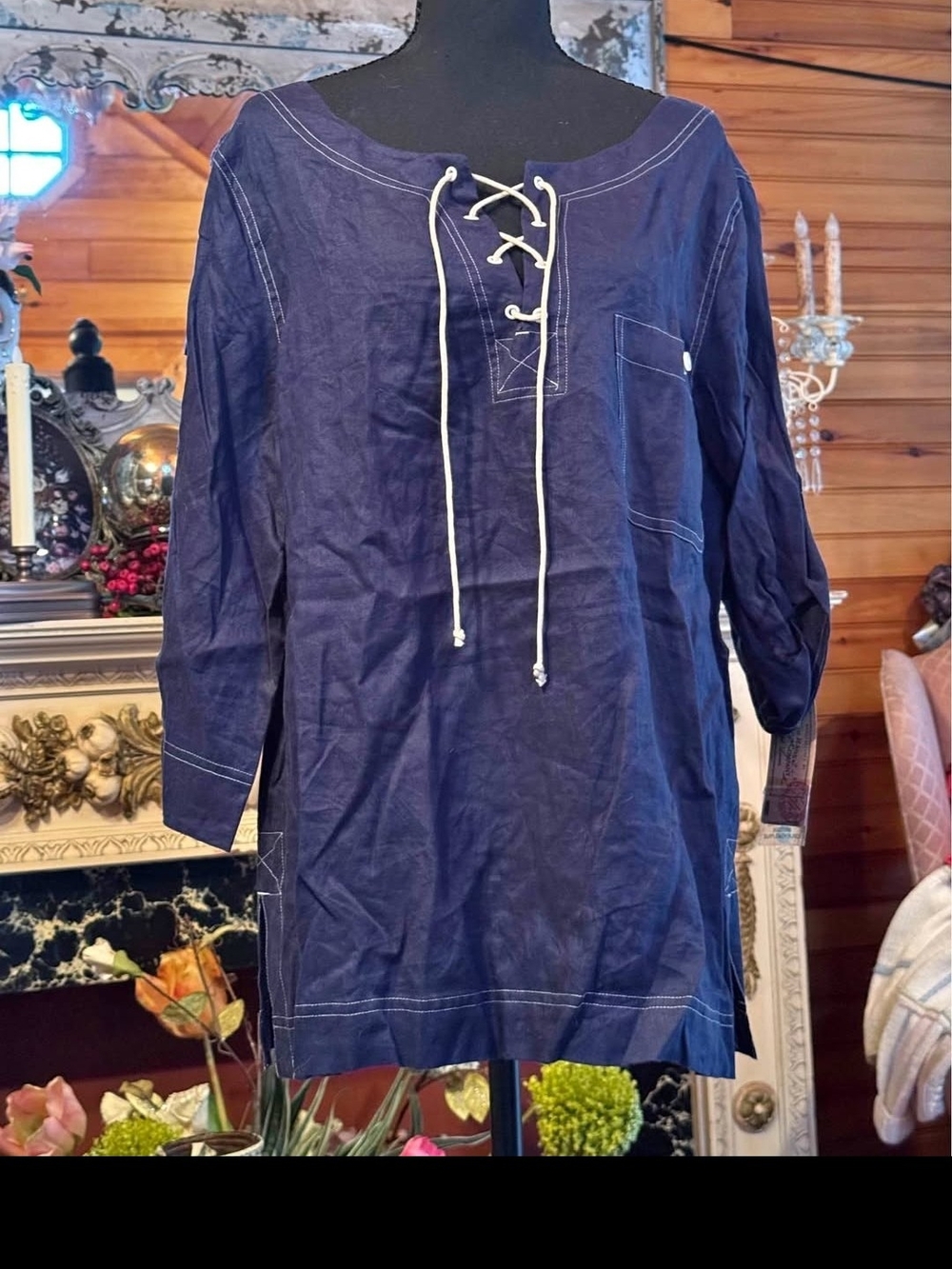 Ralph Lauren Navy Lace-Up Tunic with Contrast Stitching Nwt 79.50